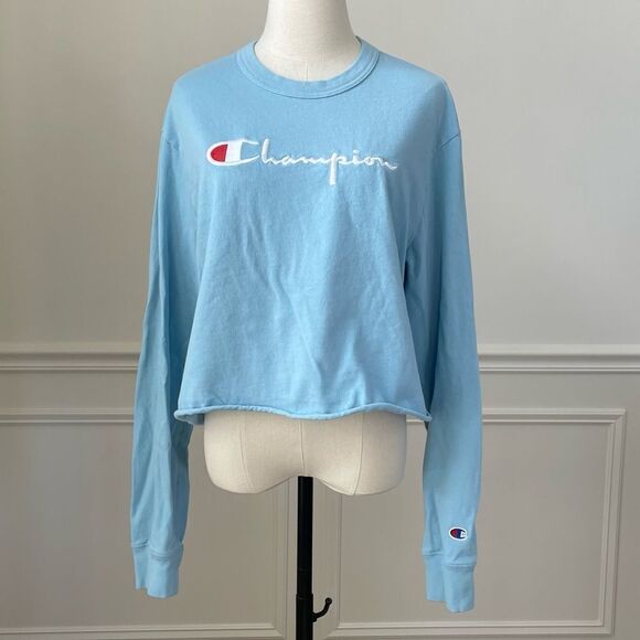 Champion Light Blue Long Sleeve Crop Top Tshirt XL - Picture 1 of 6